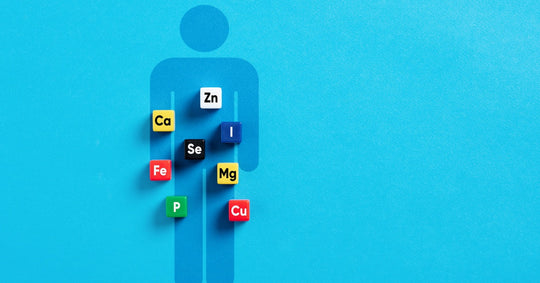 A blue shape symbolizing a person lying on a lighter blue background. Several blocks symbolizing minerals sit on the person.